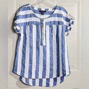 Ellen Tracy 100% Linen Blue White Striped Zip Front Short Sleeve Blouse Top S